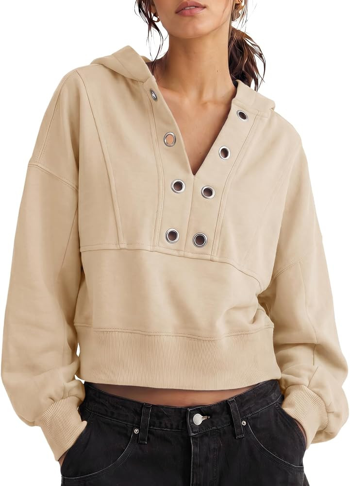 Fisoew Womens Cropped Hoodies V Neck Oversized Sweatshirts Pullover Tops | Amazon (US)