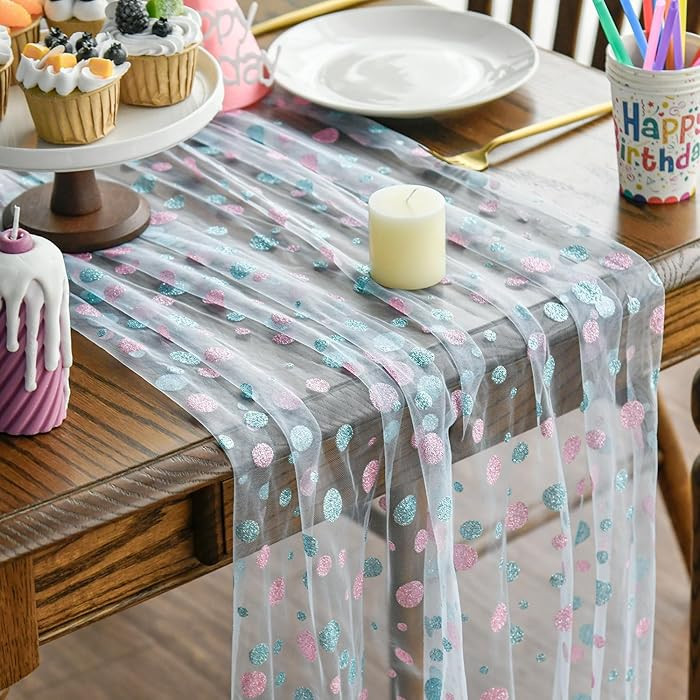 Artoid Mode Pink Polka Dots Blue Gauze Table Runner 120 Inch 10FT, Summer Sheer Dining Holiday We... | Amazon (US)