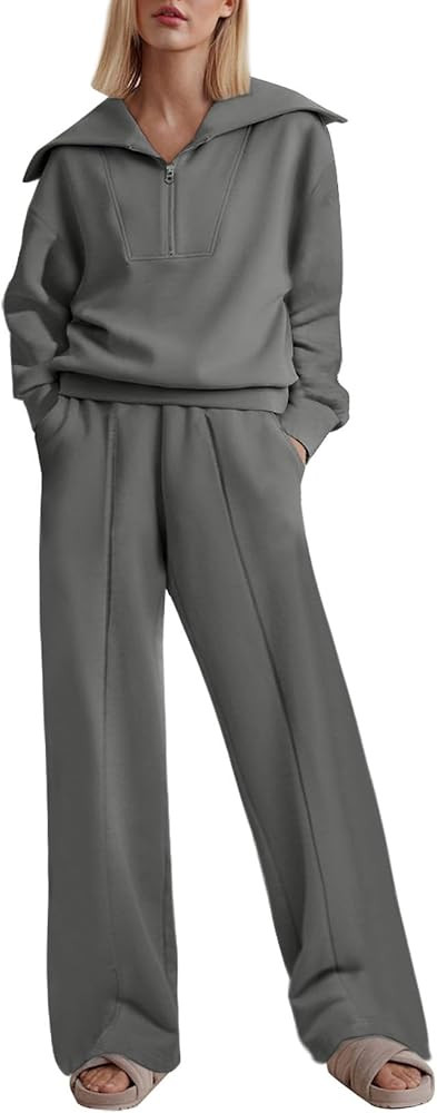 Aleumdr Two Piece Outfits Half Zip Sweatshirt Sweatsuit Lounge Sets for Women Matching Set Wide L... | Amazon (US)