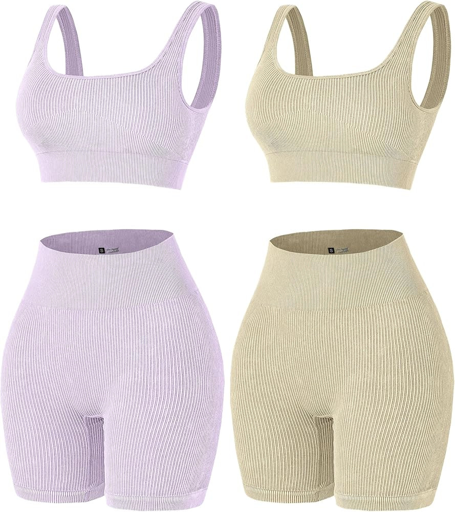 4 Piece Workout Sets for Women Seamless Ribbed High Waist Yoga shorts with Sports Bra Outfits | Amazon (US)