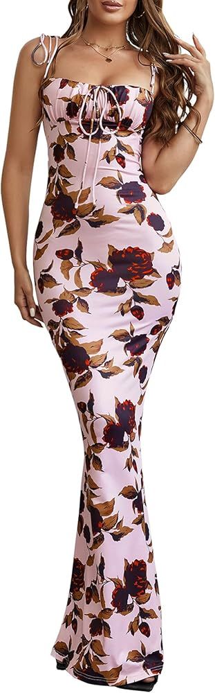 Women's Summer Floral Bodycon Maxi Dress Spaghetti Strap Sleeveless Boho Long Dresses | Amazon (US)