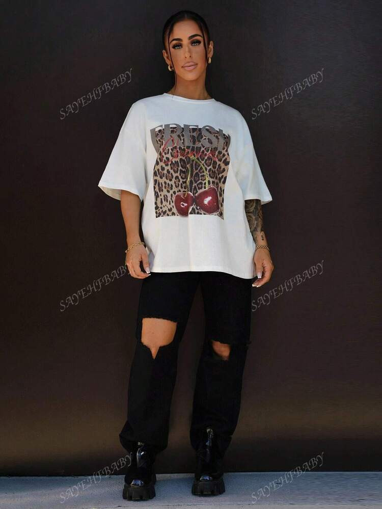 SAYEHFBABY Women T-Shirts Fresh Leopard Print Cherry Graphic Tee Oversized Top Cool Everyday Summ... | SHEIN