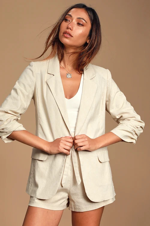 Lobelia Beige Ruched Three-Quarter Sleeve Blazer | Lulus (US)
