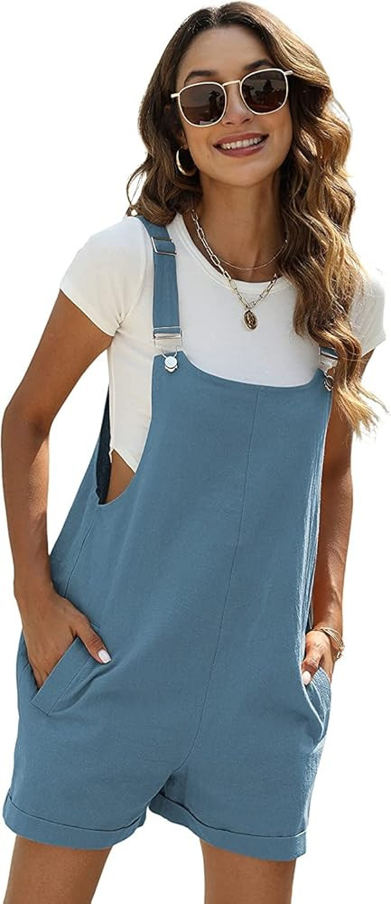 Fiona Jolin Women's Summer Cotton Linen Short Overalls Casual Bib Overall Shorts Rompers with Poc... | Amazon (US)