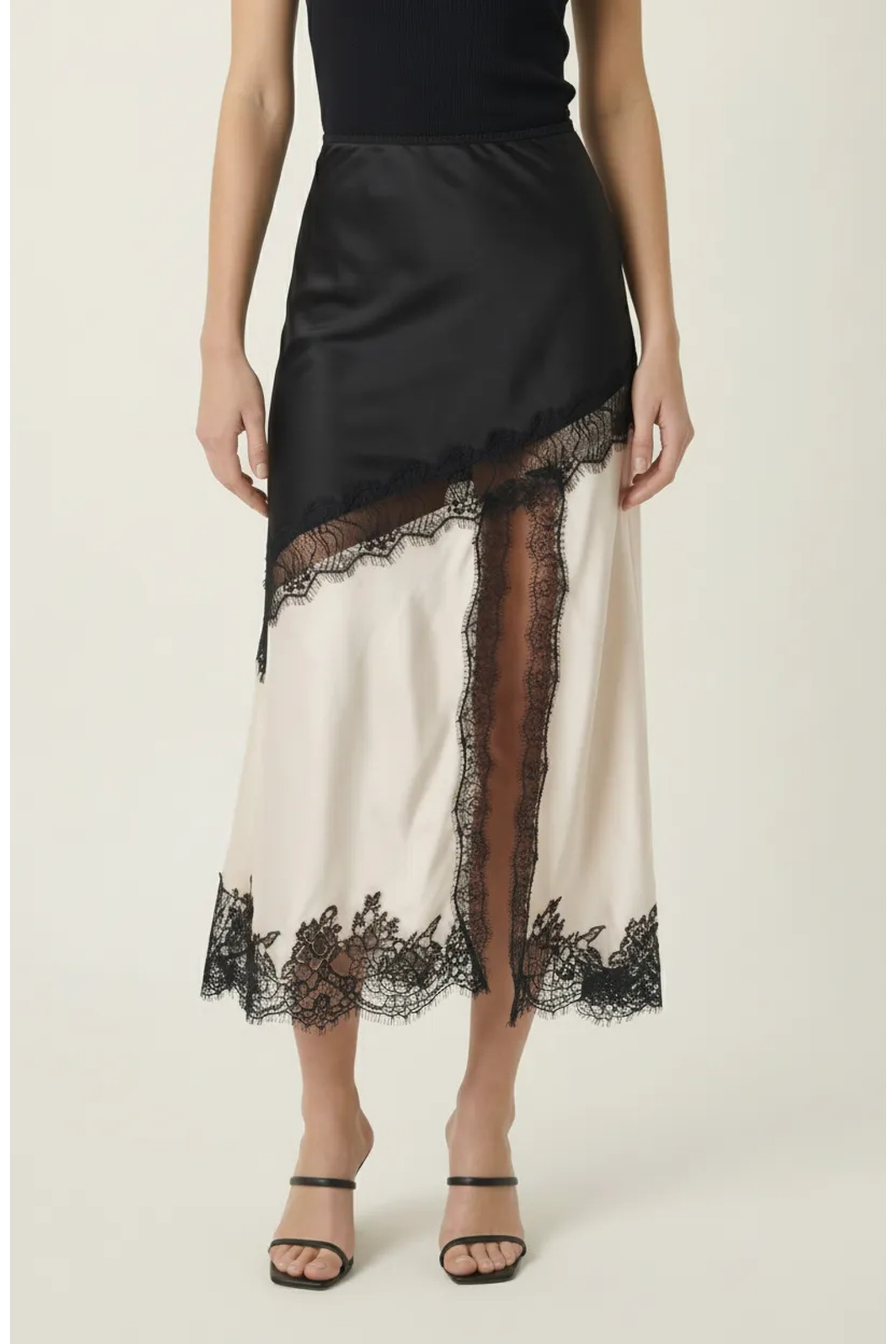 Lace Trim Asymmetric Satin Midi Skirt with Contrast Panel (Women) | Nordstrom | Nordstrom