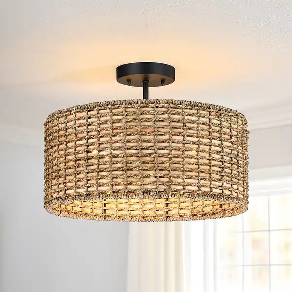 Lennie 3-Light Rattan Drum Semi-Flush Mount Ceiling Light - 16'' W - Bed Bath & Beyond - 41104461 | Bed Bath & Beyond