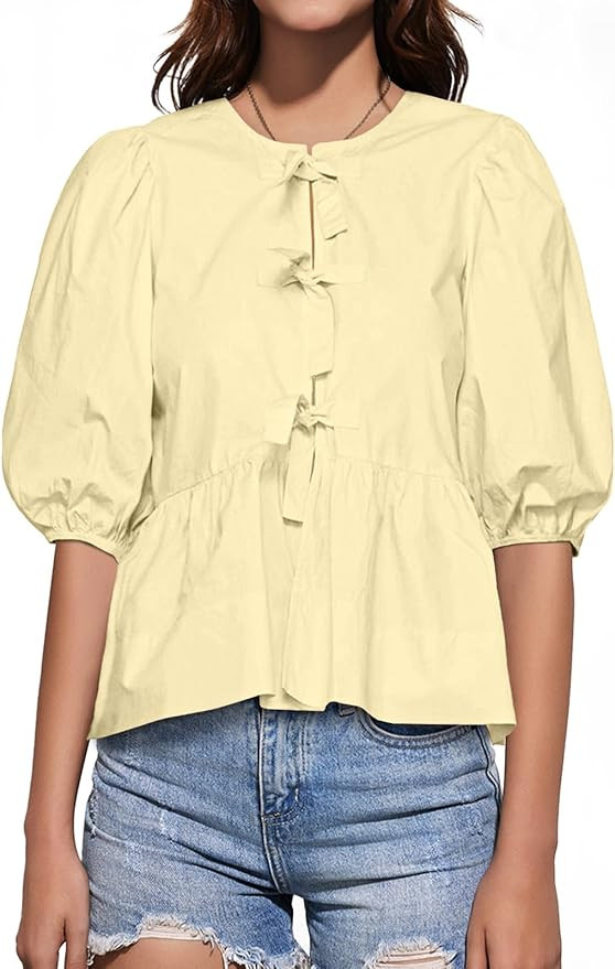 Tankaneo Womens Tie Front Tops Summer Peplum Babydoll Puff Short Sleeve Blouse Cute Cotton Shirts | Amazon (US)