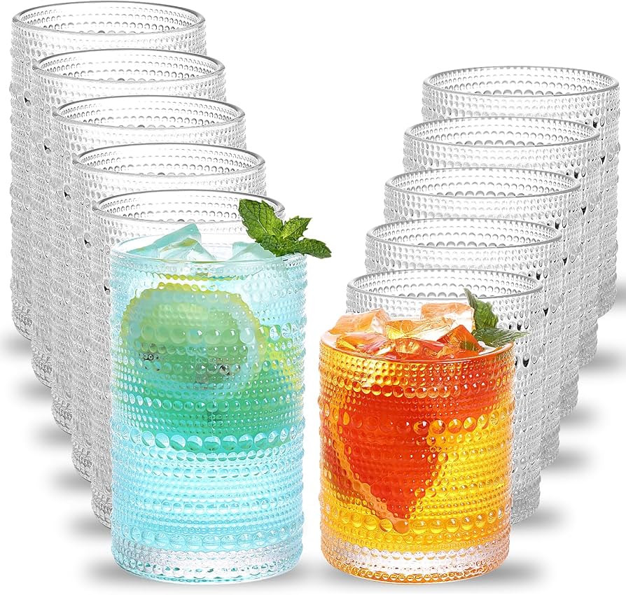Moretoes Hobnail Drinking Glasses Set of 12, 12 Oz Highball Glasses & 10 Oz Cocktail Glasses, Cle... | Amazon (US)