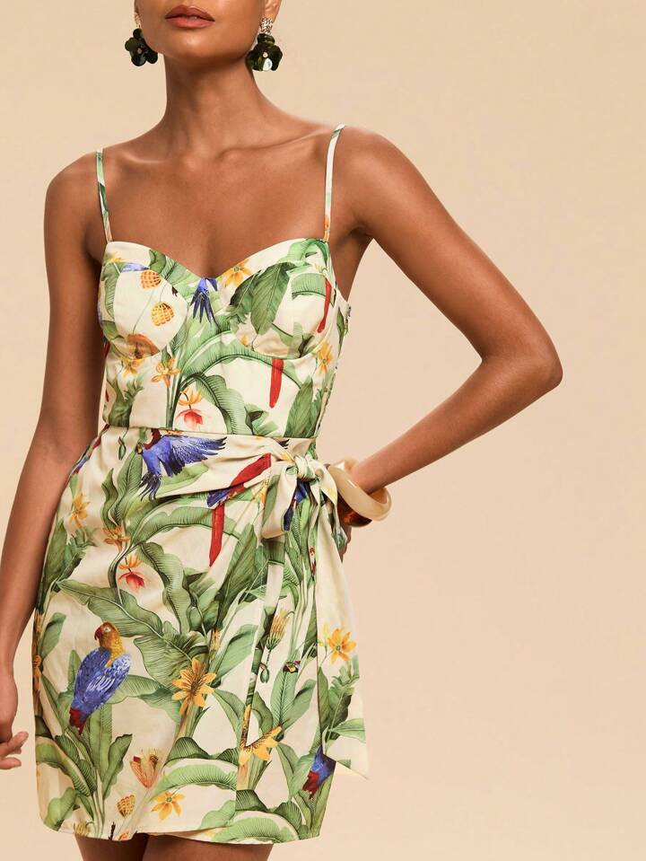 Travachic Vacation Casual Tropical Print Tie-Up Wrap Cami Mini Dress,Summer,Summer Outfits For Wo... | SHEIN