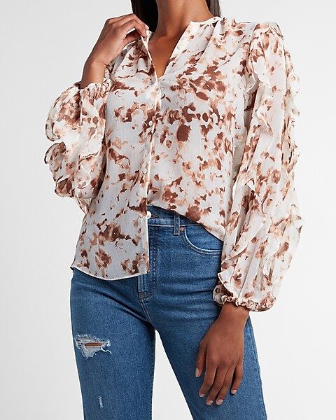 Printed Ruffle Balloon Sleeve Shirt | Express