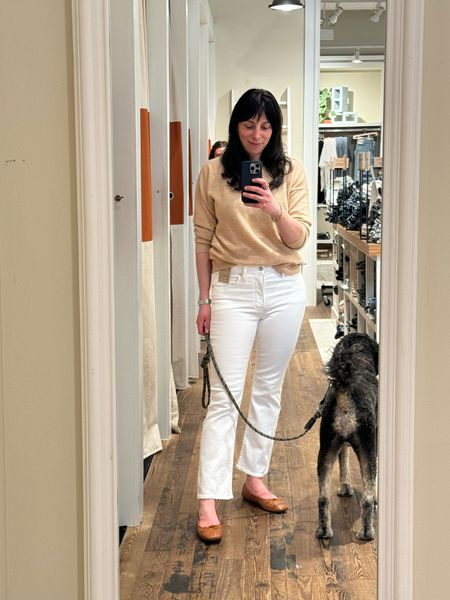 The perfect transition spring outfit from Madewell. Cashmere sweater, kick out white jeans, and woven ballet flats. 

Wearing a small in the sweater, 27 in jeans, and 8 in flats. 

Use the code FIRSTDIBS for 25% off 

#gifted 

#LTKSpringSale #LTKover40