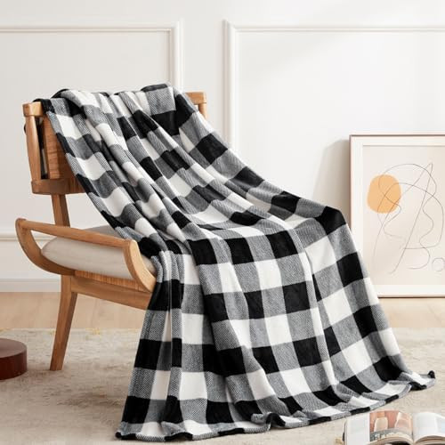 Touchat Fleece Throw Blankets, Buffalo Plaid Throw Blanket for Couch Sofa Bed, Soft Warm Fuzzy Cozy Plush Checkered Blanket, Lightweight Farmhouse Decor (Black and White Plaid, 60''x80'') | Amazon (US)