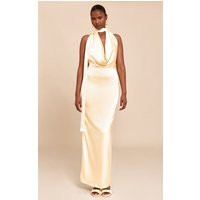 Butter Yellow Satin Cowl Neck Drape Maxi Dress | PrettyLittleThing US