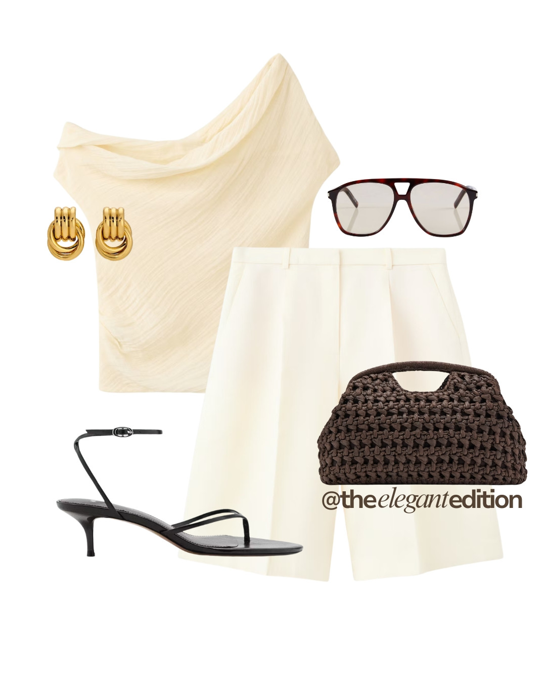 WOVEN BAG LOOK - An elevated summer outfit centred around a stunning dark woven clutch. Cream off-shoulder top, tailored bermuda shorts and kitten heel sandals for evening or dinner out #wovenbag #shorts #sandals #LTKspring #LTKsummer #LTKstyletip

 