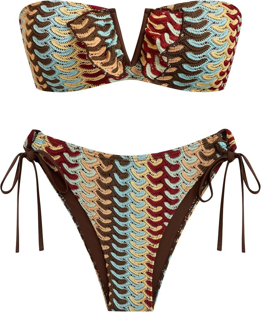 ZAFUL Women's Strapless Ribbed V Wired Lace Up Ruffle Tie High Cut Bandeau Swimsuits Bikini Set | Amazon (US)