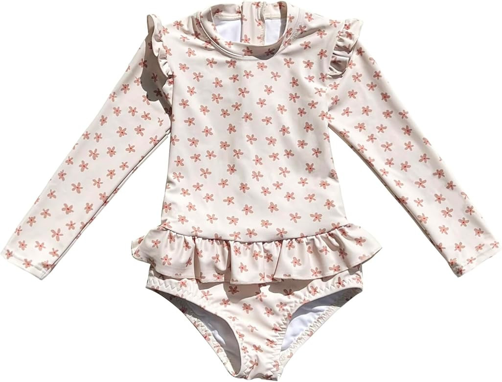 Girls Long Sleeve Swimsuits One Piece Rash Guard Bathing Suit with Ruffle Butt | Amazon (US)