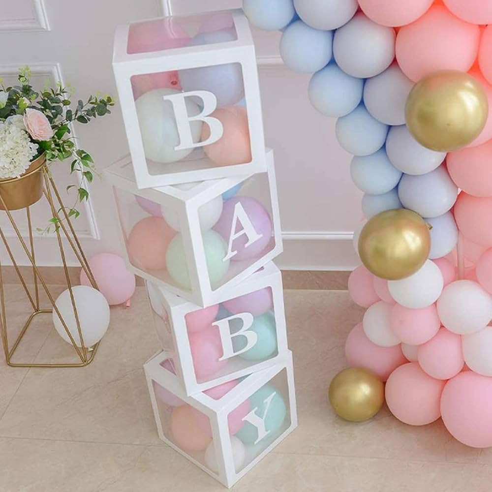 Baby Shower Boxes Party Decorations – 4 pcs Transparent Balloons Boxes Décor with Letters Baby... | Amazon (US)
