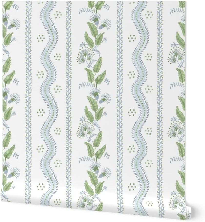 Removable Wallpaper Swatch - Soft Blue Greens White Stripe Green Floral Dots Traditional Custom P... | Amazon (US)
