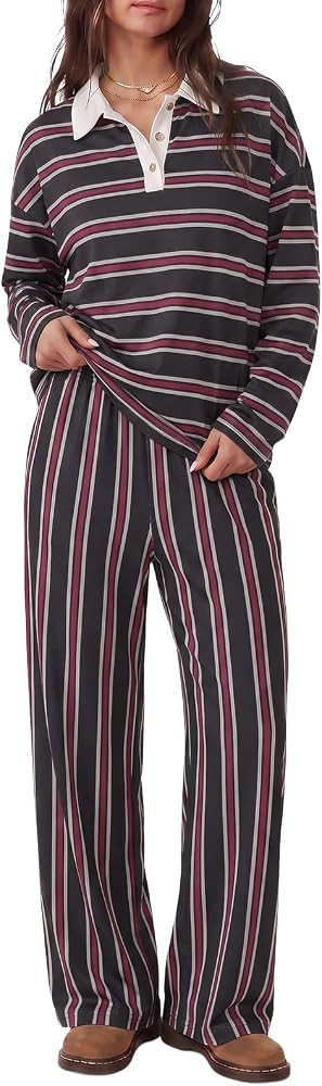 Tankaneo Womens Striped 2 Piece Lounge Sets Long Sleeve Pants Sets | Amazon (US)