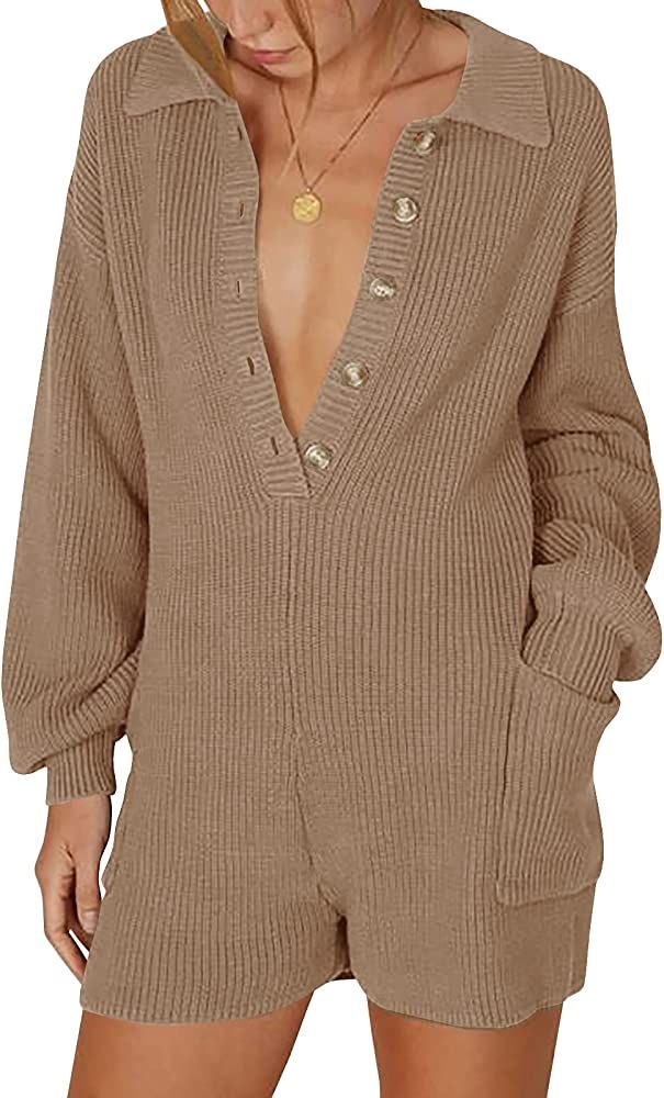 Amazon.com: Womens Long Sleeve Knit Sweater Jumpsuit Rompers Sexy Low Cut V Neck Button Down Fall... | Amazon (US)