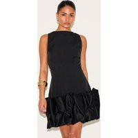 Petite Black Satin Puffball Mini Dress | PrettyLittleThing US