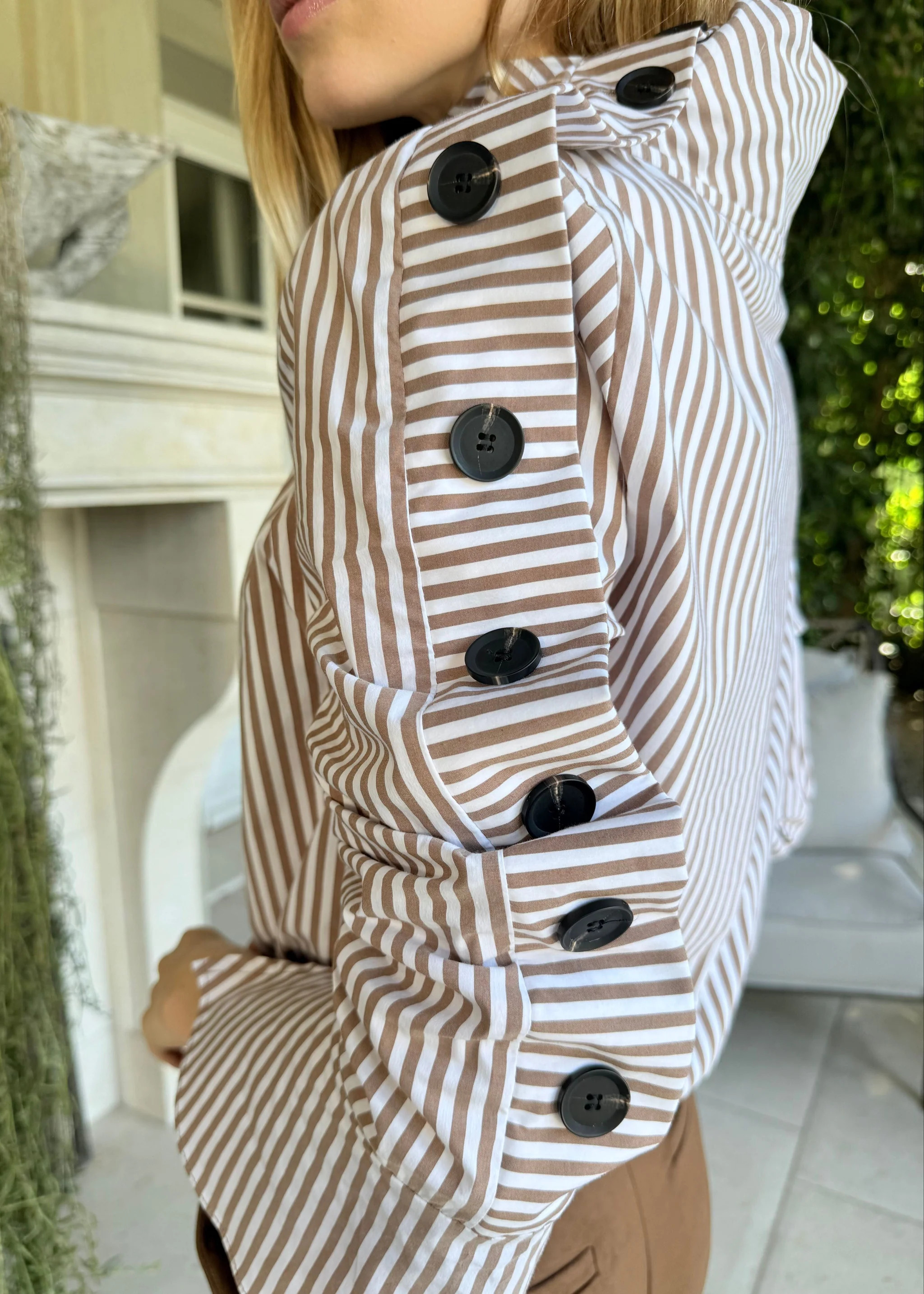 Kya Striped Button Blouse - Brown | Benaar La