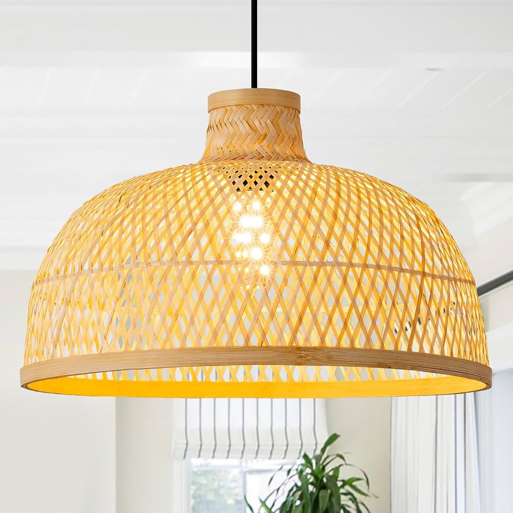Rattan Pendants Light for Kitchen Island,15.75in Rattan Light Fixture for Dining Room,Rattan Chan... | Amazon (US)