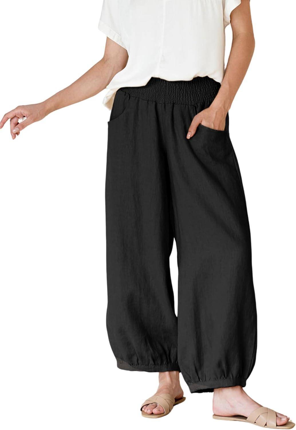 Xiaoxuemeng Womens Wide Leg Barrel Pants Cotton Linen Elastic Waist Trouser | Amazon (US)