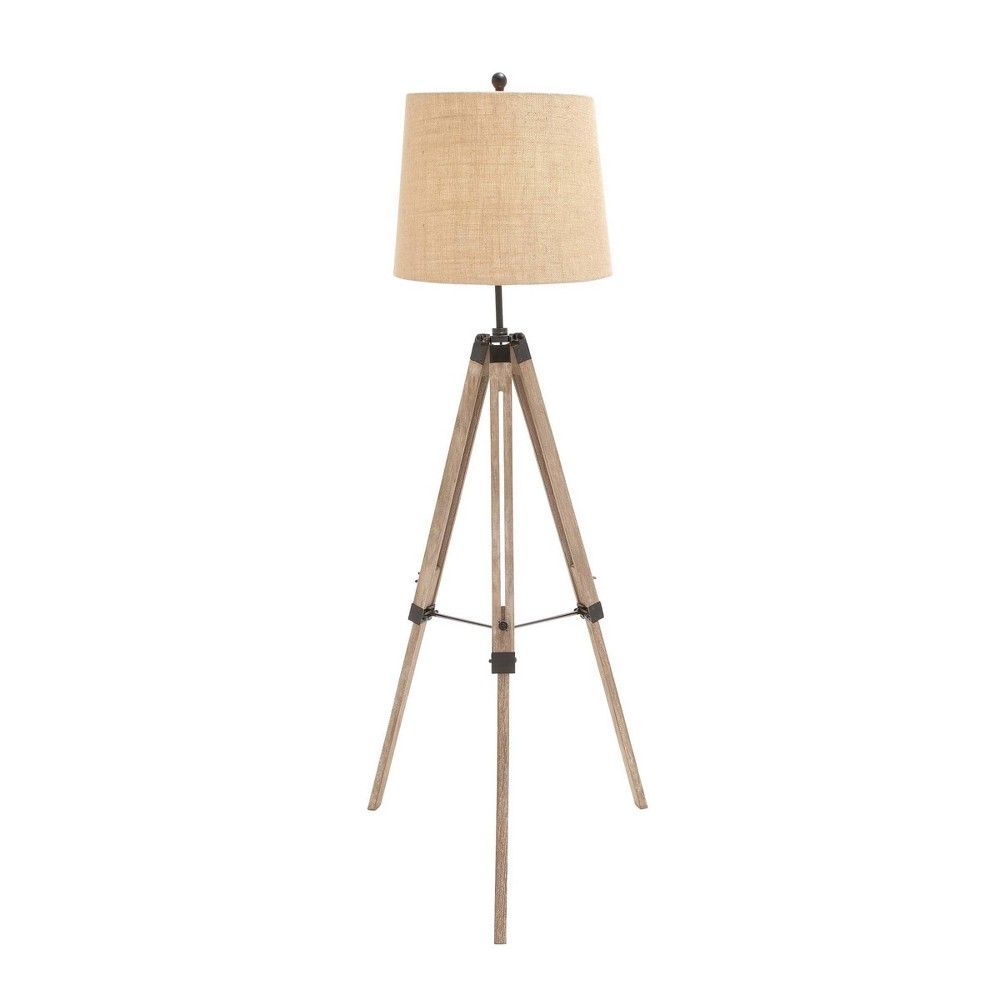25"" x 63"" Tall Industrial Iron and Wood Tripod Floor Lamp with Linen Tapered Drum Shade Beige - Ol | Target