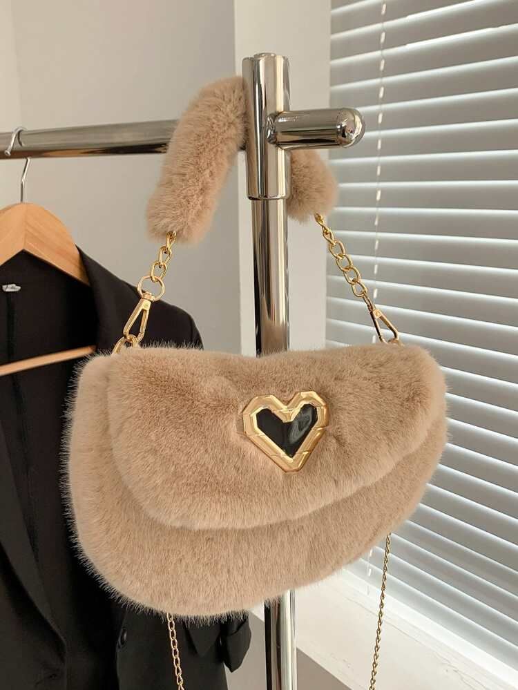 Heart Decor Flap Chain Fluffy Saddle Bag | SHEIN