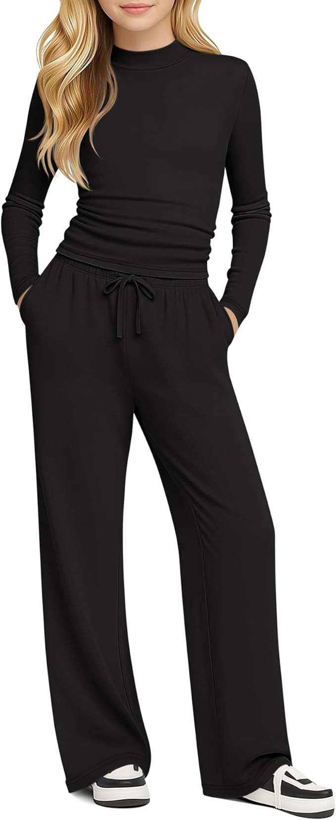 Girls' 2 Piece Outfits Lounge Set Mock Neck Long Sleeve Top Wide Leg Pant with Pocket Casual Swea... | Amazon (US)
