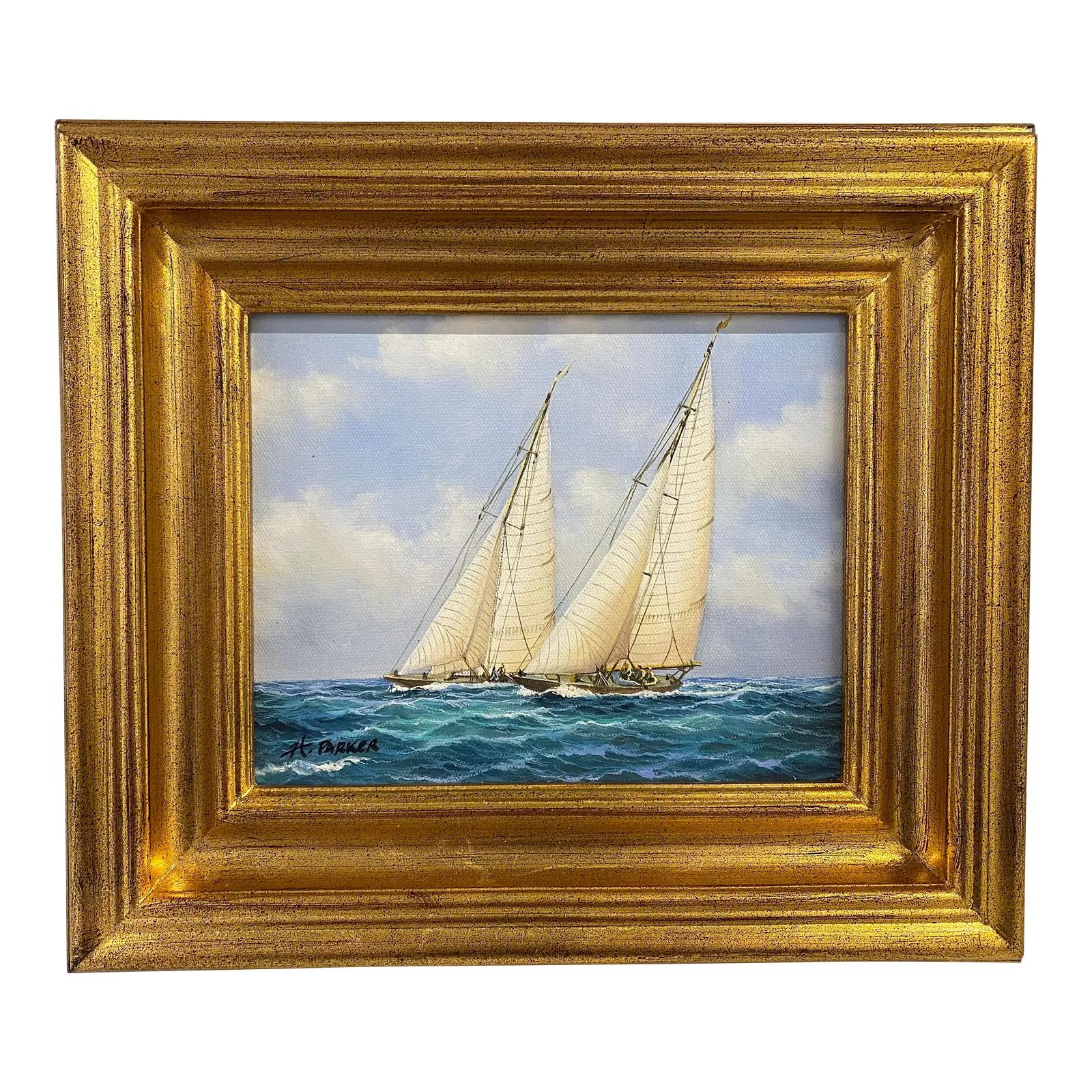 Nautical Seascape Ship Oil Painting in Gold Frame | Chairish
