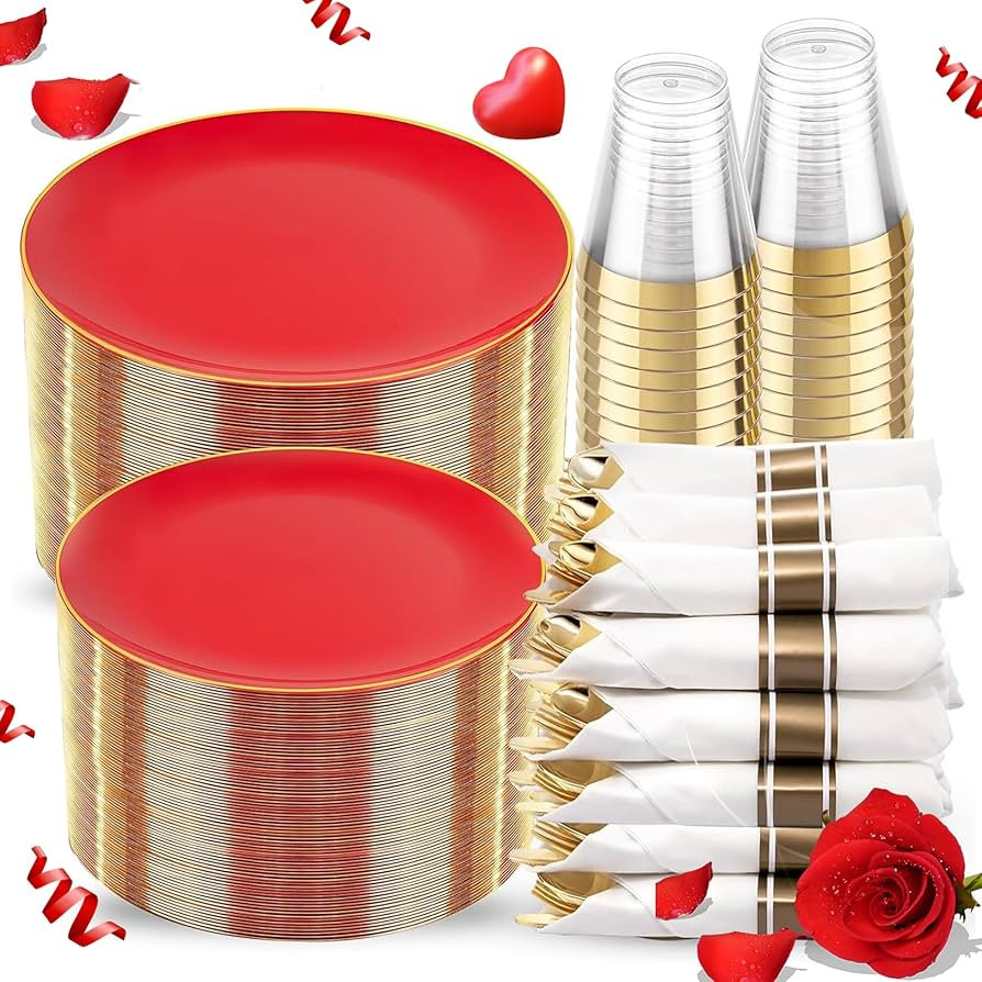 KIRE 350PCS Red Plastic Plates - Heavy Duty Red Plates Disposable - 50Guest Plastic Dinnerware In... | Amazon (US)