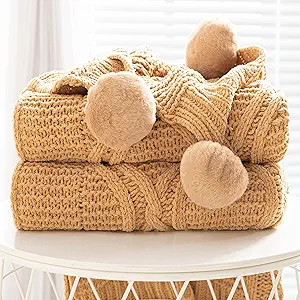 Chunky Knit Blanket with pom poms- Thick, Soft, Big, Cozy Throw Blankets for Couch, Bed, Sofa, Ch... | Amazon (US)