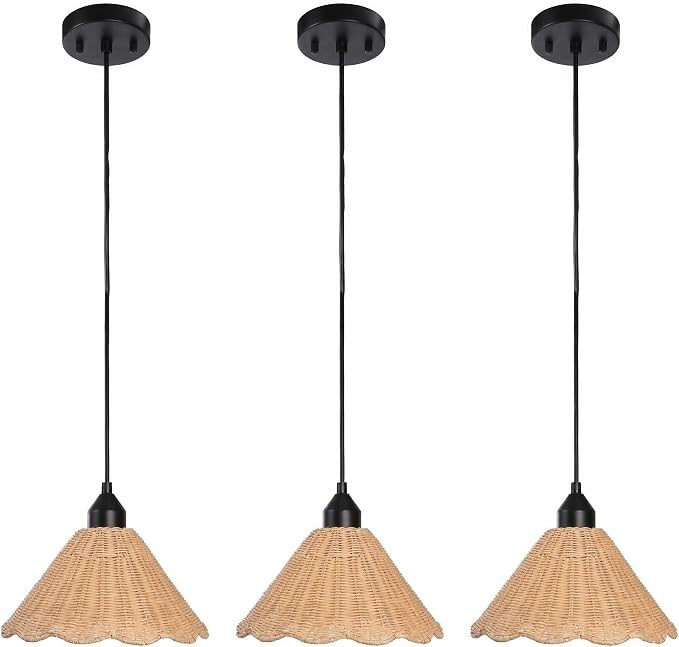 Boho Rattan Scalloped Pendant Light Fixture 3-Pack, 11'' Natrual Hand-Woven Rattan Shade, Rustic,... | Amazon (US)