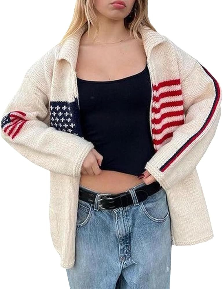 Women's American Flag Cardigan Sweater Long Sleeve Lapel Zipper Vintage Star Print Knitted Casual... | Amazon (US)