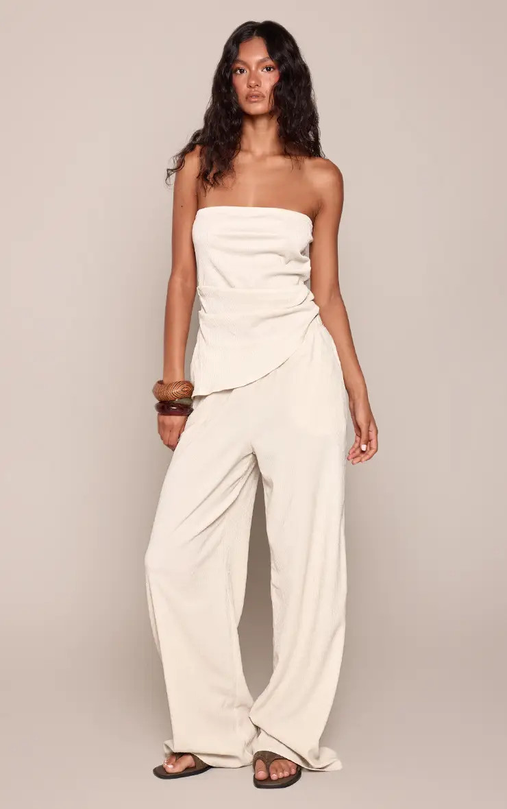 Cream Textured Elasticated Wide Leg Trouser Co-ord | PrettyLittleThing UK