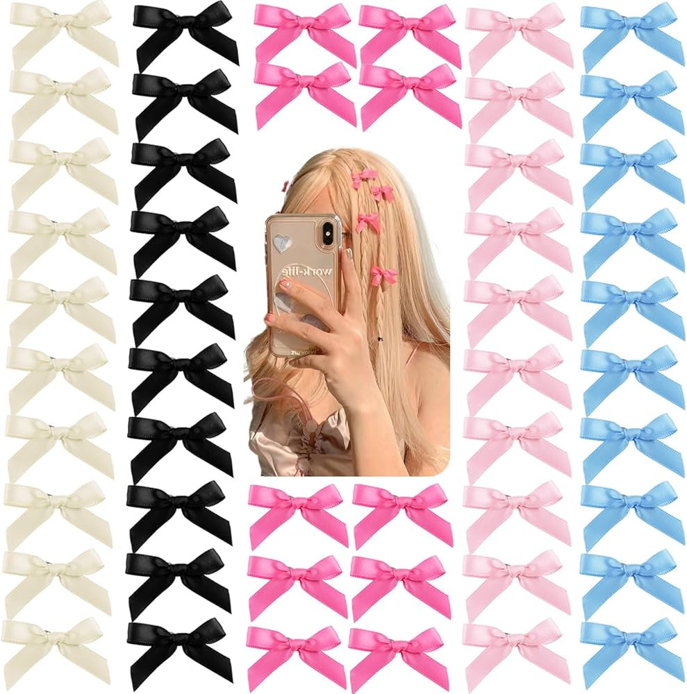 50Pcs Mini Hair Clips for Women Girls Black Blue Hair Ribbon Clips Small Bowknot Barrettes White ... | Amazon (US)