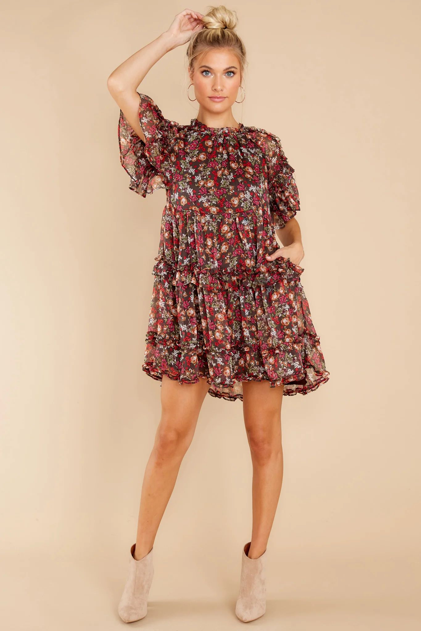 Floral Touch Black Multi Print Dress | Red Dress 