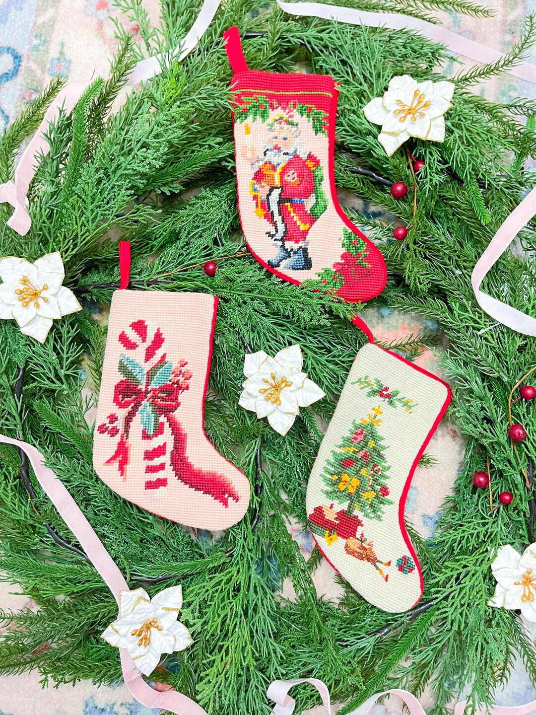 Vintage Needlepoint Santa Claus, Candy Cane, Tree Traditional Christmas Stocking Chinoiserie, Gra... | Etsy (US)