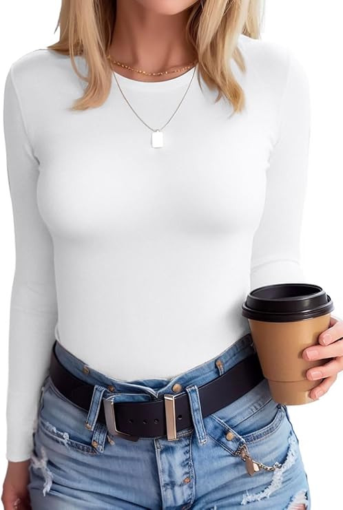 SANDERY Womens Round Neck Long/Short Sleeve Shirts Ribbed Casual Slim Fitted Tops Blouses | Amazon (US)