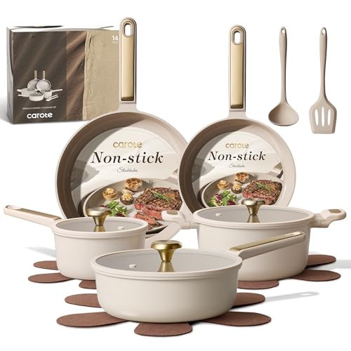 CAROTE Ceramic Cookware Set Nonstick, 14pcs Pots and Pans Set Nonstick, Non-Toxic & PFAS-Free, Dishwasher, RV/Camping Cookware Set, Cooking Pots with Lids, Light Taupe | Amazon (US)