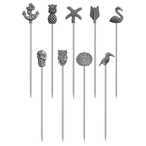 9pcs Stainless Steel Cocktail Stick, Metal Garnish String Olive Martini StickReusable Fruit Toothpick for Drinks or Bloody Mary Skewers, Hors d'oeuvres,Fruit Garnish Sticks (Antique Silver) | Amazon (US)