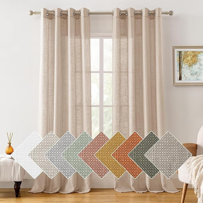 HOMEIDEAS Beige Linen Sheer Curtains, 96 Inches Long 2 Panels Textured Taupe Semi Sheer Curtains ... | Amazon (US)