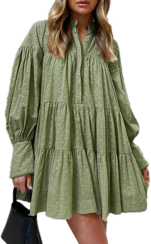 Women's Bohemian Floral Print Button Down Long Lantern Sleeve Shift Tunic Dress Casual Ruffle Swi... | Amazon (US)