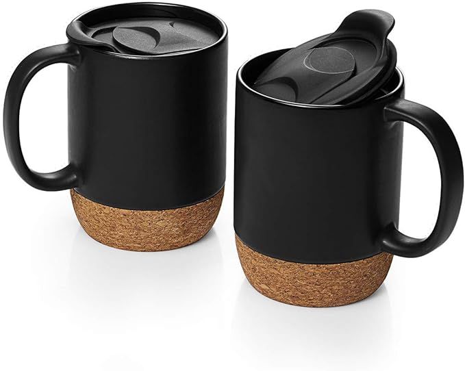 DOWAN Coffee Mugs Set of 2, 15 OZ Ceramic Mug with Insulated Cork Bottom and Splash Proof Lid, La... | Amazon (US)