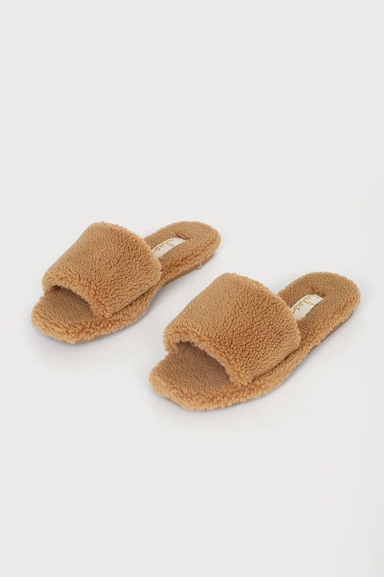 Camaria Camel Faux Fur Slide Slippers | Lulus (US)
