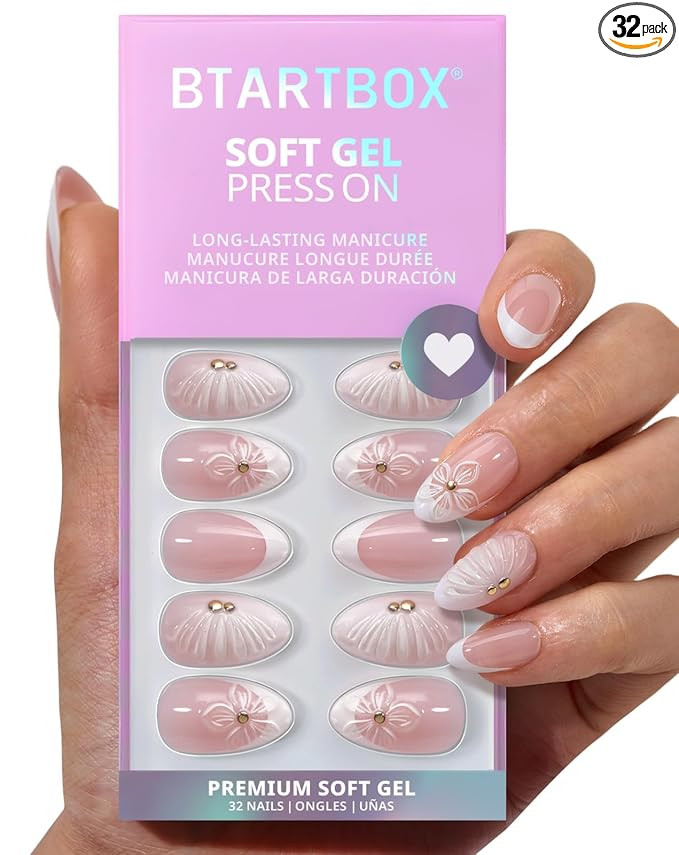 BTArtbox Press On Nails Short - Dew-Kissed Bud, Easy-to-Apply 3D Flower Pink Almond Press On Nail... | Amazon (US)
