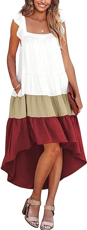 KIRUNDO Women 2023 Summer Sleeveless Ruffle High Low Square Neck Midi Dress Loose Fit Pleated Flo... | Amazon (US)