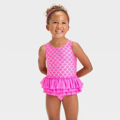 Toddler Girls' Scalloped Mermaid Printed Tutu One Piece Swimsuit - Cat & Jack™ Pink 3T: UPF 50+, Fit | Target